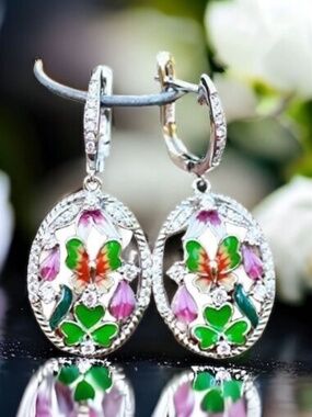 New, Designer Handmade Enamel Flower Butterfly Earrings Sterling Silver 925